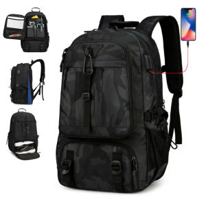 USB Camping Backpack Travel Bag with Shoes Pocket Outdoor Sport Men Large Hiking Climbing Camouflage Expandable Laptop Rucksack
