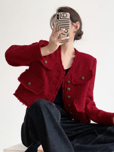 Red Short Coat 2025 Winter Zodiac Year Elegant Lady High-End Feeling Thick Tweed Womens Jacket V-neck Straight Cut Regular Thickness