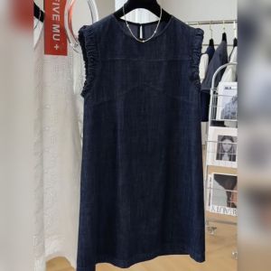 YUFUQING | Deep Blue Korean Style Sleeveless Denim Dress Summer New Design Casual Short Skirt Polyester Fiber Round Neck Mid-Length Dress