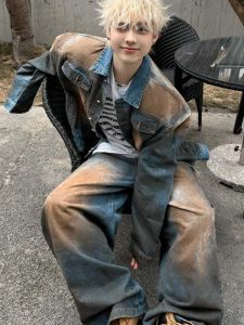 Niche Style Retro Do the Old Cowboy Outwear Mens Spring and Autumn American Handsome Western Denim Coat Waste Soil Wind Mixed Color Suit