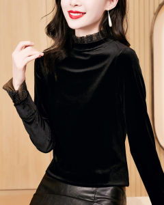 Black Small Stand-up Base Shirt Womens Long Sleeve T-Shirt Classy Western Style Small Shirt Spring Autumn and Winter Inner Wear Pleuche Top