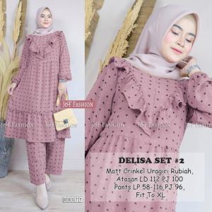 SETELAN TUNIK WANITA DEWASA MOTIF POLKADOT LENGAN PANJANG KULOT PANJANG SELETING DEPAN BUSUI DELISA BAHAN IMPORT TERLARIS TERBARU KEKINIAN MATT CERINGKEL URAGIRI