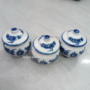 (Combo 3 ly)Chóe đựng gạomuối thờ cúng men lam cao cấp/Hũ sứ bầu hoạ tiết rồng xanh