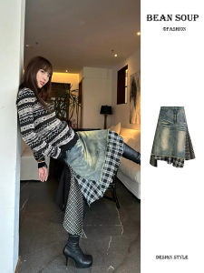 การเย็บปะติดปะต่อย้อนยุค เดนิม กระโปรง ผู้หญิง ดีไซน์ ความรู้สึกไม่สมมาตรความยาวปานกลาง กระโปรง S ฤดูใบไม้ผลิ ฤดูกาลสูง เอว กระโปรงทรงเอ