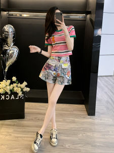 Sweet Cool Girl Fashion Set High Waist Shorts Striped T-shirt Print Two-piece Summer Korean Style Commute Short Sleeve round Neck