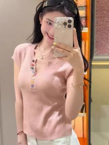 HUOLISI | Colorful Button V-neck Short Sleeve Slim Fit Beautiful Knit Top