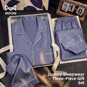 MiiOW | New Short Sleeve Long Pants Three-Piece Summer Cool Silk Mens Pajamas