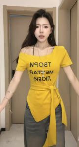 plus Size One Shoulder Short Sleeve T-Shirt Womens Summer Conceal Meat Slimming Top Design Printed Body Shirt Korean Style