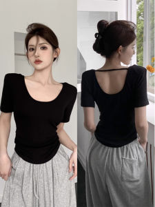 Elegant Short Sleeve U-Neck Backless T-Shirt Womens Slim Fit Summer Top Cotton Polyester Blend Knitted Moisture Wicking