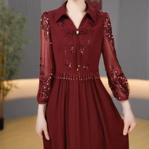 Elegant Chocolate Red Women Lapel Evening Dress Three-quarters Sleeve Middle Age Mom Retro Paillette A-line Dresses Fit and thin Filipinina Modern Female High Waist Stand Collar Party long dresses Formal dress