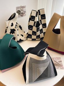 Large Capacity Knitted Handheld Gift Bag Tote Baby One Year Old Birthday Gift Bag Woven Bracelet Bag Urban Simple Style Polyester Material
