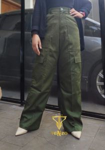 Celana panjang cargo highwaist kantong katun unione