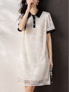 ชุดเดรสผ้าลูกไม้แขนสั้นผู้หญิงฤดูร้อน 2024 ชุดเดรสยาวปานกลางคุณภาพระดับพรีเมียม ชุดเดรสยาวปานกลางสไตล์เกาหลี