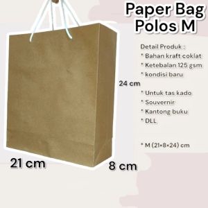 Paper Bag Cokelat Polos M Lusinan Isi 12 pcs Ukuran (21×8×24) cm