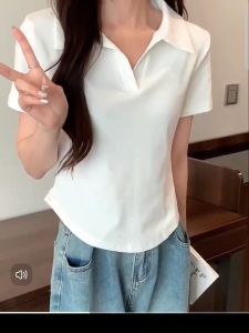 2025 fashion design short casual viscose pretty girl youthful beautiful perfect Japanese style short-sleeved lapel knit plain