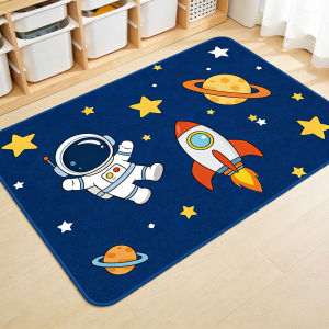 VIKAMA Cute Space Astronaut Alien Flannel Floor Mat Machine Washable Non-Slip Kids Room Carpet Universe Style Play Area Rug