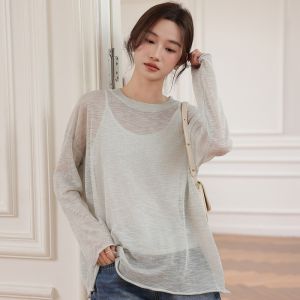 MiiOW | MiiOW Pure Desire Lazy Style Womens Summer Loose Round Neck Long Sleeve T-Shirt Sun Protection Transparent Top Fashionable Casual Wear