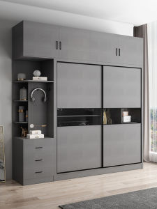 Grey Solid Wood Minimalist Sliding Door Wardrobe Modern Simple Bedroom Coat Closet Combination Home Furniture Adult Use