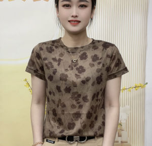 Summer Short Sleeve T-Shirt Womens Elastic Loose Fit round Neck Floral Print Mommy Style Top Casual Comfortable Fashionable
