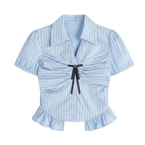 Peach Plum Senior Sister Waist-Cinching School Style Shirt And Pleated Skirt Set with Bow Top Commute Short Sleeve Womens Blouse