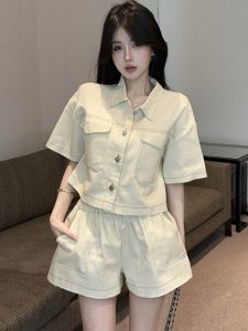 GUZILIAN | Chic Summer Fashion Set Womens Short Sleeve Shirt Wide Leg Shorts Small Fragrance Style Commute Korean Version Two-Piece Suit