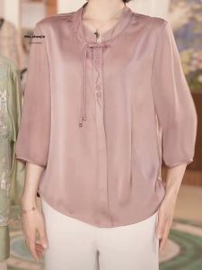 Middle-Aged Mom Wear Summer Retro Cropped Sleeves Satin Shirt Pure Color Belly-Covering and Youthful-Looking Small Shirt Middle-Aged and Elderly Womens National Style