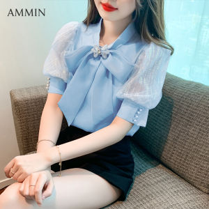 AMMIN summer new simple V-neck with fashion bow lace-up short sleeve commuting chiffon shirt womens Korean version style hot print bright drill bow splicing sweet mesh gauze sequin bubble sleeve elegant blouse