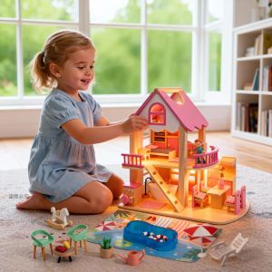 Nordic Wooden Dollhouse Room for Girls Childrens Toy Castle Pretend Play House Dollhouse Furniture Indoor Play Educational Toy