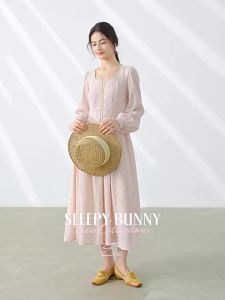 Lace Hollow French Style Petite Waist Cinching Flared Sleeve Long Dress