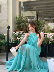 ชุดเดรสคอฮอลเตอร์สไตล์ฝรั่งเศส ชุดไปเที่ยวชายหาด ชุดเดรสผู้หญิง ชุดเดรสยาวคลุมเข่า ชุดเดรสแขนกุด ชุดเดรสทรงเอ