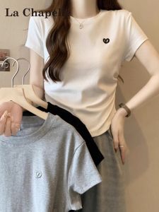 Áo Thun Tay Ngắn La Chapelle Màu Trắng Cho Nữ Mùa Hè Mới Thêu Hình Trái Tim Cổ Tròn Ôm Vừa Vặn Thon Gọn