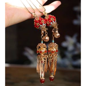 ต่างผมทรงจีนโบราณทำมือสีแดง เครื่องประดับผมสไตล์ชาติพันธุ์แบบจีนโบราณ อุปกรณ์ตกแต่งผมสำหรับงานวันเกิด