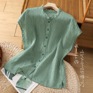 Green Fine Plaid Lace Collar Cotton and Linen Shirt Womens Summer Thin Young Man Slimming Shirt Linen Tops