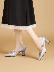 Spring 2025 Diamond Embellished Comfortable Chunky Heel Womens Single Shoes Sharp Pointed Toe Slip-On Fashionable Elegant