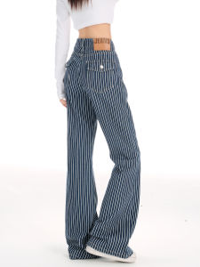 QIAOMIDUO | High Waist Bell Bottom Denim Jeans Womens Vertical Stripes Blue Casual Vintage Long Trousers Autumn New Arrival Q-1528081312