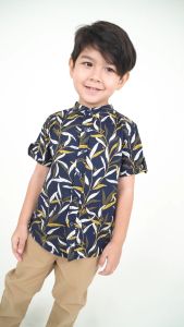 Forest Kids Woven Boy Stand Collar Floral Pattern Short Sleeve Shirt Kids l Baju Budak Lelaki - FK20108