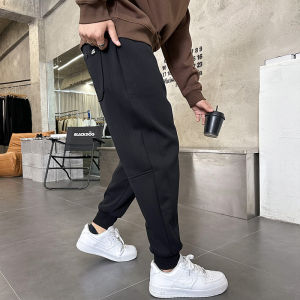 กางเกงลำลองชายสไตล์เกาหลีสีดำ ทรงหลวม ทรงสลิมฟิต กางเกงขายาวเอวยางยืด ทรงลำลอง ฤดูใบไม้ผลิ 2024