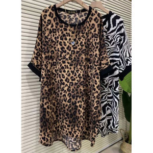 Summer New Fashion Casual Overshirt Womens K-style plus Size round Neck Western Style Slim-Fit Younger Leopard Print Dress