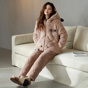 Womens Velvet Pajamas Winter Thick Warm Coral Fleece Hooded Home Clothes Yellow Goose Long Sleeve Sleepwear with Cotton Sandwich