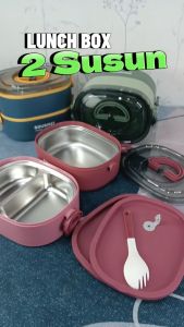 Kotak Bekal Lunch Box Stainless 1400ML 2 Susun + 1 Sendok Kotak Makan LBX A19