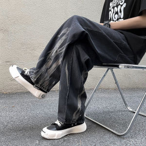 กางเกงยีนส์ทรงหลวมขาตรงสำหรับผู้ชาย สไตล์ฮิปฮอป สีดำ ทรงหลวม กางเกงขายาวลำลอง สไตล์ย้อนยุค อเมริกัน ทรงหลวม กางเกงยีนส์