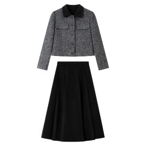 Vimly | Bộ Đồ Tweed Vintage Áo Cổ Bẻ & Chân Váy Dài