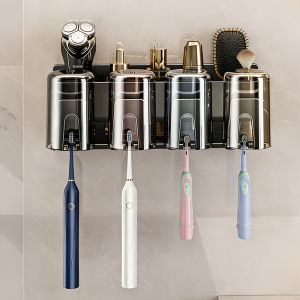 No Drill Toothbrush Holder Wall Mount Aluminum Bathroom Organizer with 4 Cups – Waterproof & Rustproof