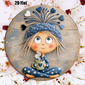 CIFbuy | 2D Flat 8x8in/20x20cm Round Aluminum Sign Vintage Cute Girl Drinking Coffee Decorative Plaque Warm Home Decor for Living Room