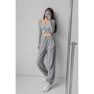 Gray Sports Pants Womens Summer Spring Tea Loose Casual American Style High Waist Trousers Street Style Straight Leg Pants