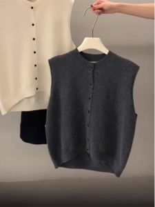 High-End Vintage Dark Grey round Neck Knitted Open Cardigan Sweater Womens Autumn Layering Outerwear Vest Korean Style Commute