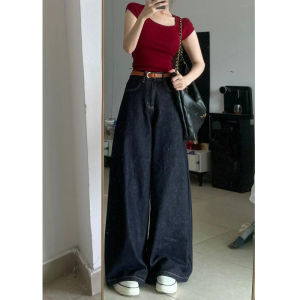 พรางหุ่น สูง เอว ขากว้าง กางเกงยีนส์ ผู้หญิง Vibe Hot เด็กผู้หญิง สไตล์ตรง กางเกงขายาว สีน้ําเงินเข้ม ความยาวพื้น เดนิม กางเกงขายาว