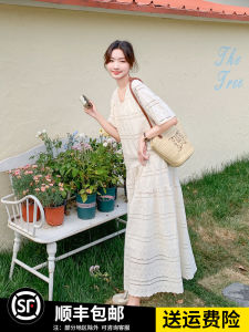 Slimming Effect Lace Embroidery Print Loose Summer Casual Long Dress Womens A-Line Midi Dress Korean Style V-Neck Sleeveless