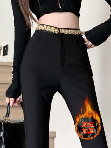 Black plus Velvet Skinny Suit Pants Womens Fall and Winter Stylish High Waist Casual Pants Stretch Silm Draped Mop Trousers