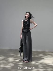 Cantonstory | French Style Black V-Neck Sash Sleeveless Vest